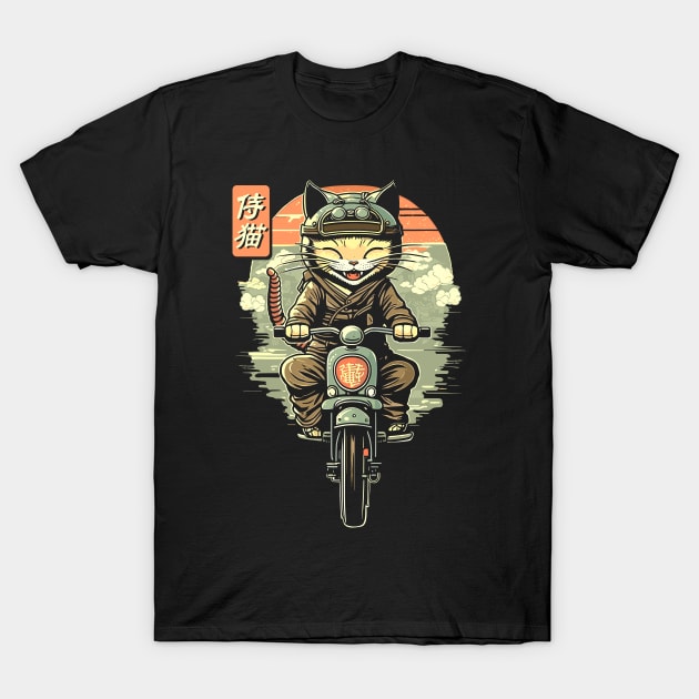 Japanese Samurai Cat on Motorcycle Kawaii Ninja Cat T-Shirt by Apocatnipse Meow